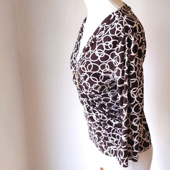 Y2k VNTG Brown Top Sz M GEOMETRIC V-Neck Wrap 3/4 Sleeve Babydoll Retro Artsy - Picture 6 of 8